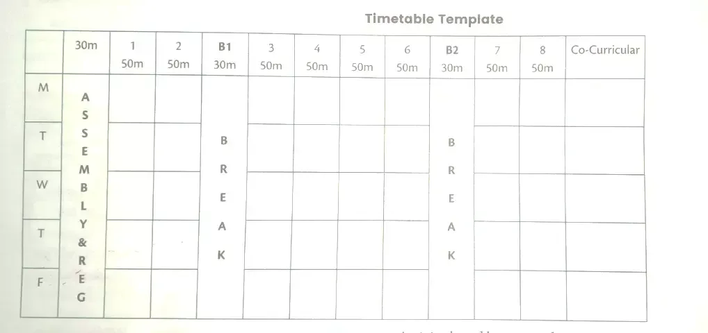Timetable Template for Common Core Programme Curriculum