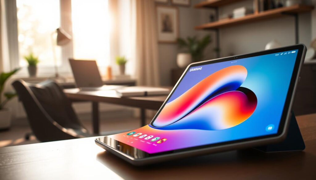 A Samsung Galaxy Tab S10 Lite is depicted prominently in the foreground, showcasing its sleek and modern design. The tablet's display is active, illustrating the vibrant One UI interface with colorful app icons and a smooth layout. In the middle ground, there is a stylish desk setup featuring a minimalist workspace, with a laptop and notebook subtly placed to suggest productivity. Soft natural lighting streams in from a nearby window, casting gentle shadows that add depth to the scene. The background is a softly blurred home office environment, hinting at a cozy yet professional atmosphere. The overall mood is dynamic and inviting, reflecting the empowering experience of using a powerful tablet. A Samsung Galaxy Tab S10 Lite is depicted prominently in the foreground, showcasing its sleek and modern design. The tablet's display is active, illustrating the vibrant One UI interface with colorful app icons and a smooth layout. In the middle ground, there is a stylish desk setup featuring a minimalist workspace, with a laptop and notebook subtly placed to suggest productivity. Soft natural lighting streams in from a nearby window, casting gentle shadows that add depth to the scene. The background is a softly blurred home office environment, hinting at a cozy yet professional atmosphere. The overall mood is dynamic and inviting, reflecting the empowering experience of using a powerful tablet.