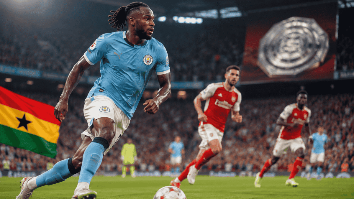 Antoine Semenyo in action for Manchester City against Arsenal in the 2026 Community Shield.