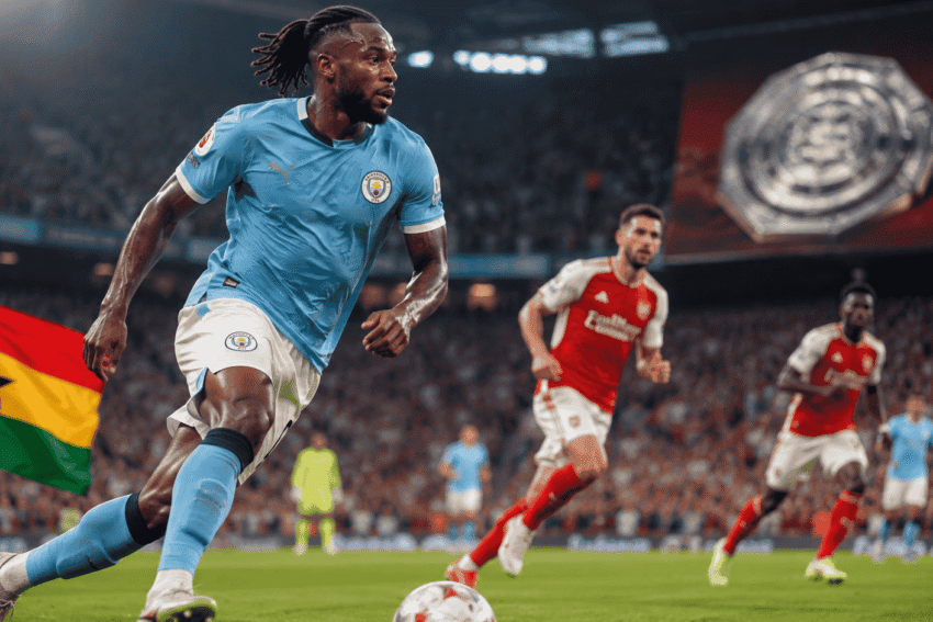 Antoine Semenyo in action for Manchester City against Arsenal in the 2026 Community Shield.