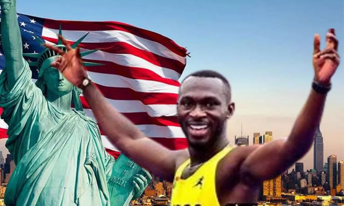 photo of benjamin azamati smiling wide on a US flag