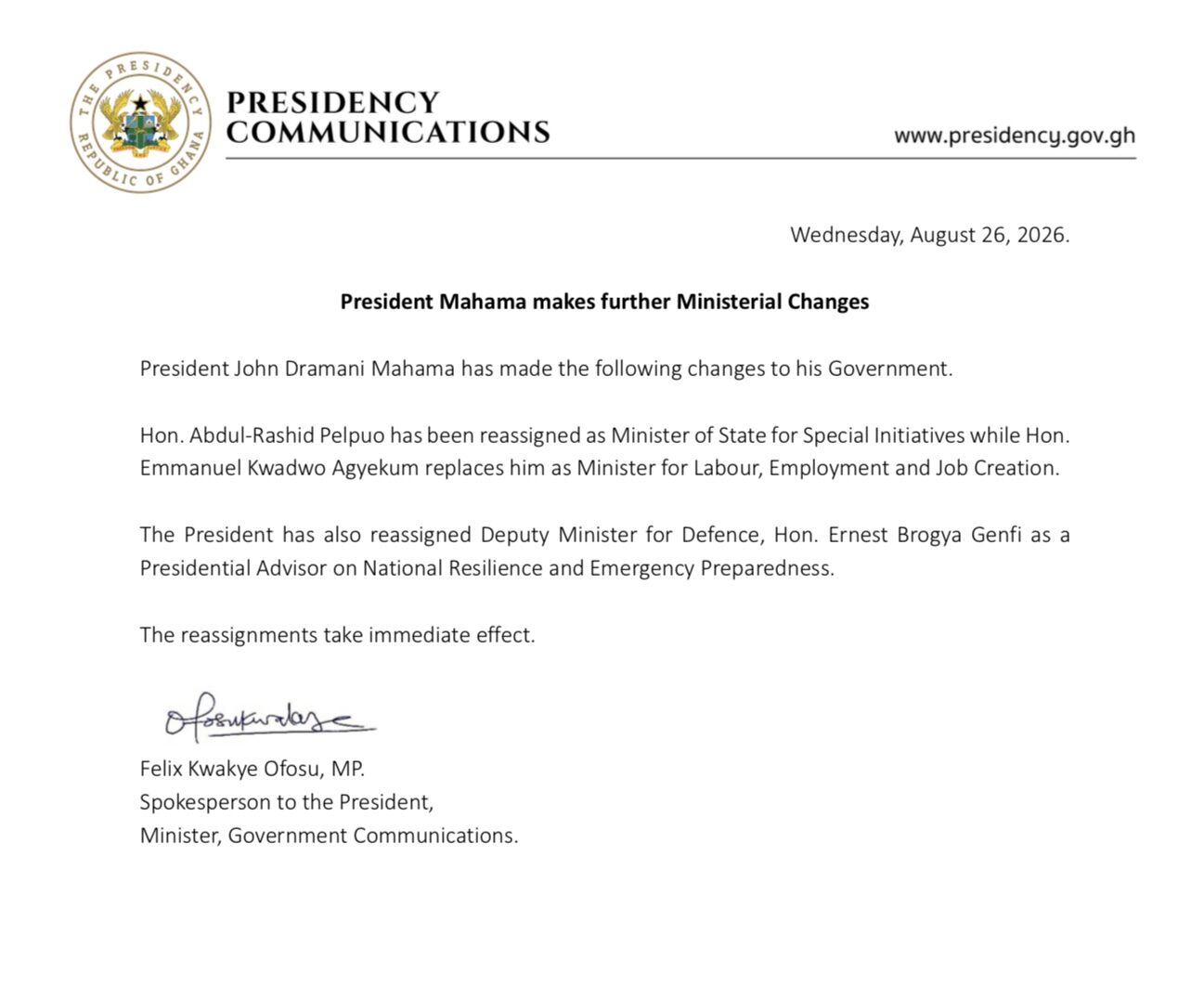 Presidency statement announcing further ministerial changes by President John Dramani Mahama on August 26, 2026.