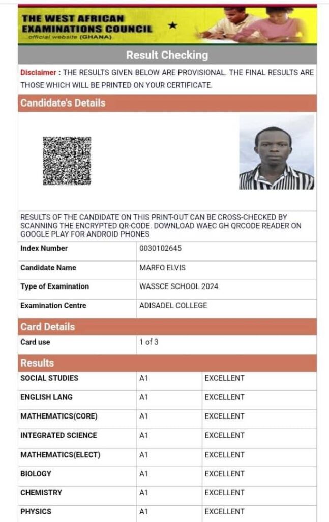 Picture of Elvis Marfo 8As WASSCE Results