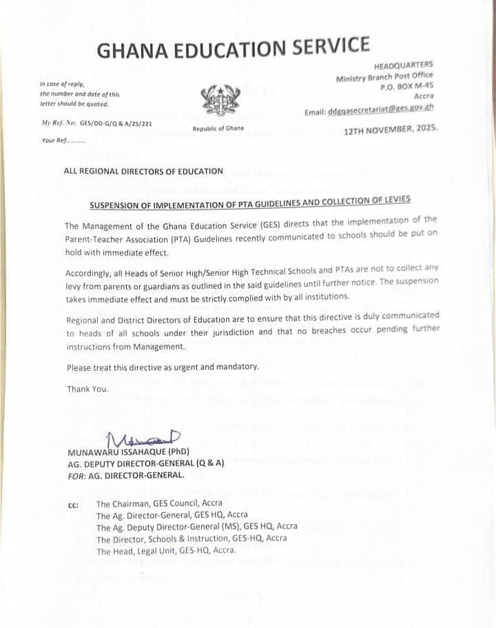 Ghana Education Service announces suspension of PTA guideline implementation