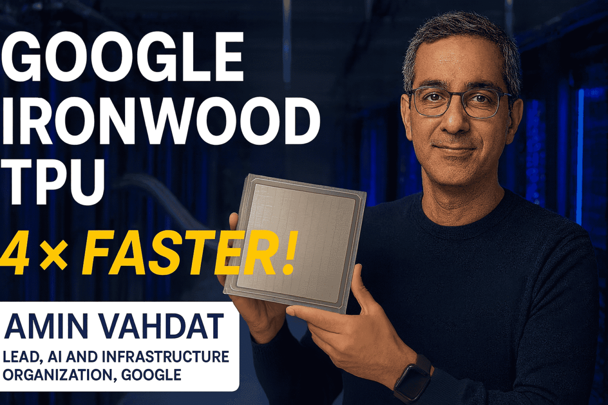 Google Cloud executive showcases the Ironwood 7th-generation TPU chip inside a Google AI hardware lab.