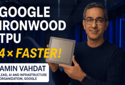 Google Cloud executive showcases the Ironwood 7th-generation TPU chip inside a Google AI hardware lab.