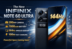 Infinix Note 60 Ultra smartphone showing front and rear design with 200MP camera, 7000mAh battery, 144Hz AMOLED display, and 100W fast charging features.