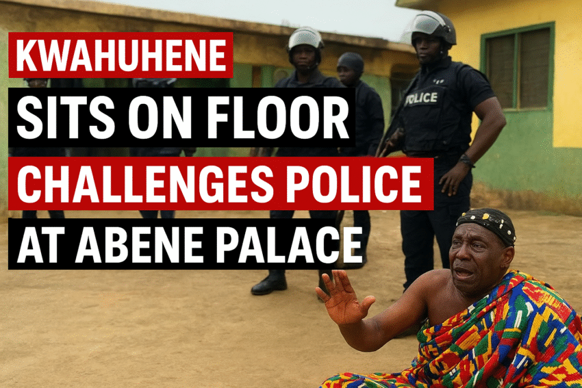 Traditional chief Daasebre Akuamoah Boateng III sitting on the ground in front of police officers during a standoff at Abene Palace.
