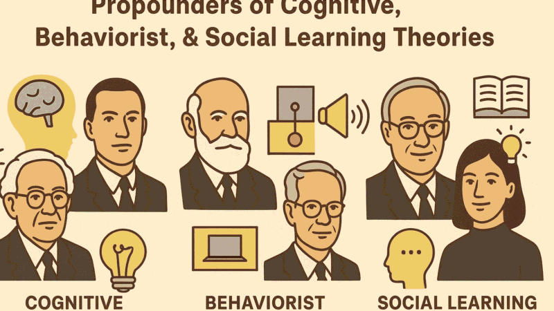 A comprehensive guide to the major propounders of Cognitive, Behaviorist, and Social Learning Theories. Learn about Piaget, Vygotsky, Skinner, Pavlov, Watson, Bandura, and their key contributions to modern educational psychology.