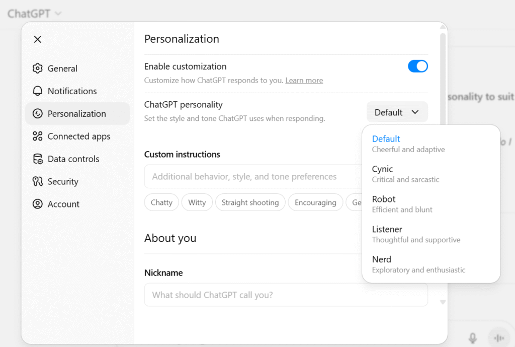 ChatGPT Personalities: default, nerd, cynic, robot, listener