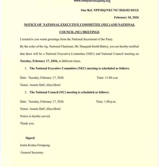 New Patriotic Party NPP NEC and National Council meeting notice February 17 2026 at Alisa Hotel Accra