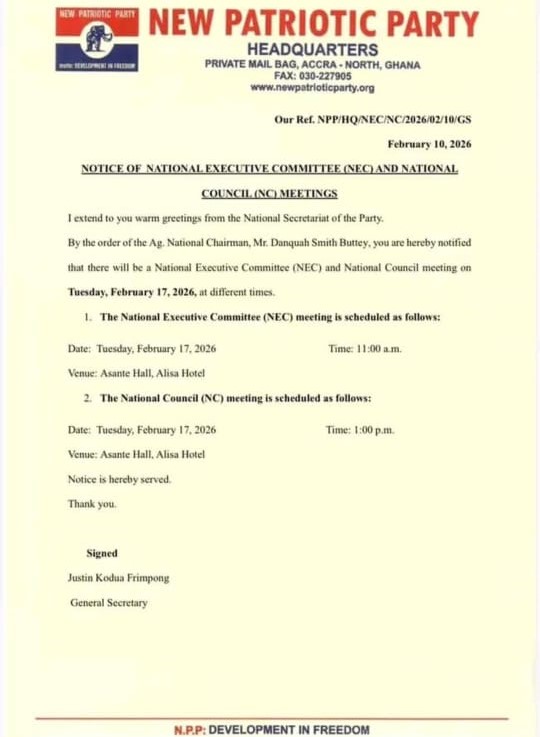 New Patriotic Party NPP NEC and National Council meeting notice February 17 2026 at Alisa Hotel Accra