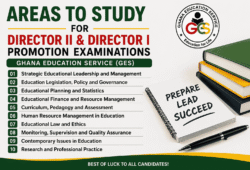 GES promotion examination framework for Deputy Director to Director II and Director II to Director I, showing the 100-question exam format and 10 key content areas.