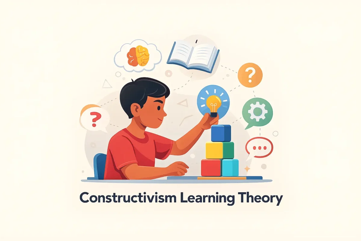 Student-centered constructivism learning theory illustrated with icons showing active learning and idea-building.