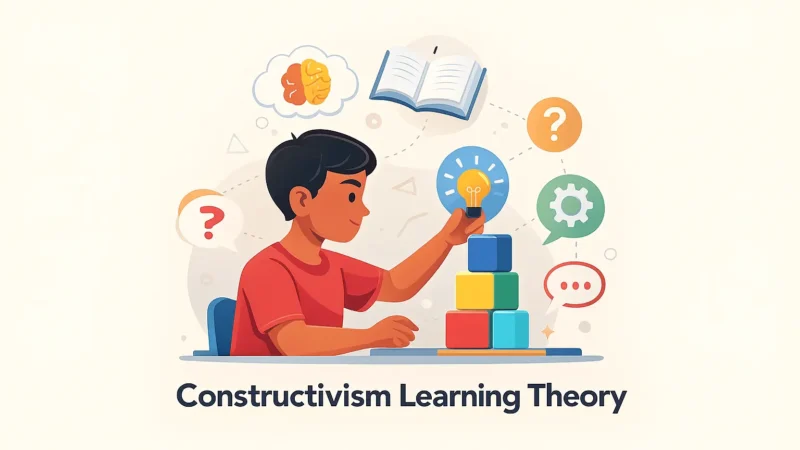 Student-centered constructivism learning theory illustrated with icons showing active learning and idea-building.