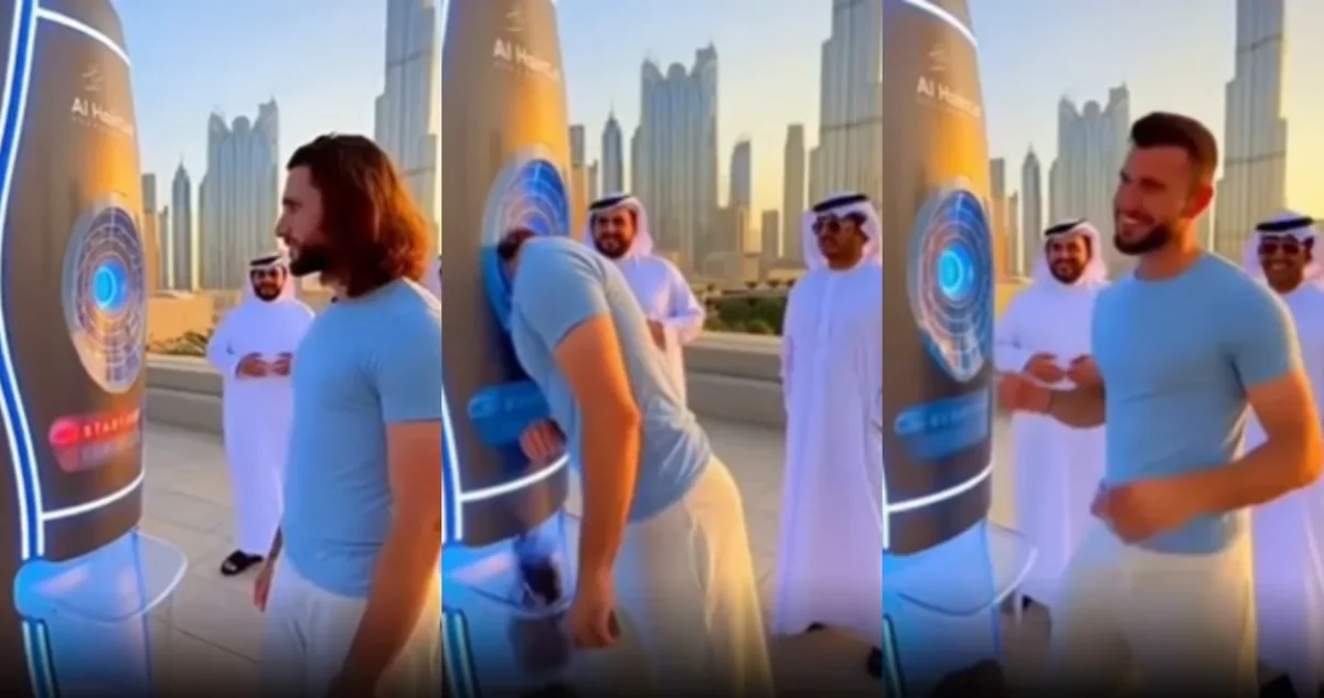 Screenshot of the alleged Dubai Haircutting Machine 3.0 showing a futuristic haircut pod in viral social media video