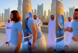 Screenshot of the alleged Dubai Haircutting Machine 3.0 showing a futuristic haircut pod in viral social media video