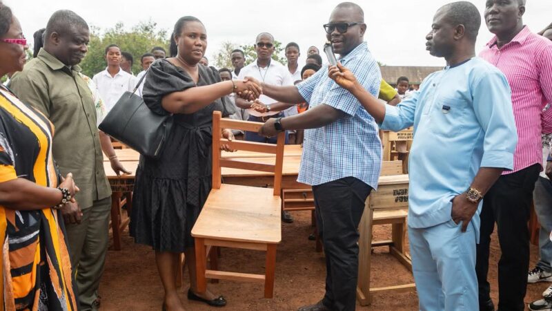 Francis Asenso-Boakye Donates Student Desks and Teachers tables and chairs to schools