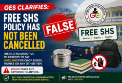 GES Denies Free SHS Cancellation and GH¢1,500 Payment Directive image Ghana Education Service clarification stating that Free SHS has not been cancelled and parents have not been directed to pay GH¢1,500 for chop boxes and trunks.