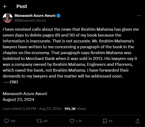 image of Manasseh Azure Awuni on twitter debunking allegations that he has been sued 