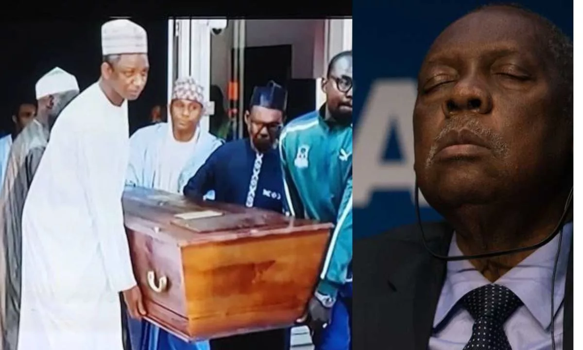 image of issa hayatou in a coffin for burial and another old image of him sleeping