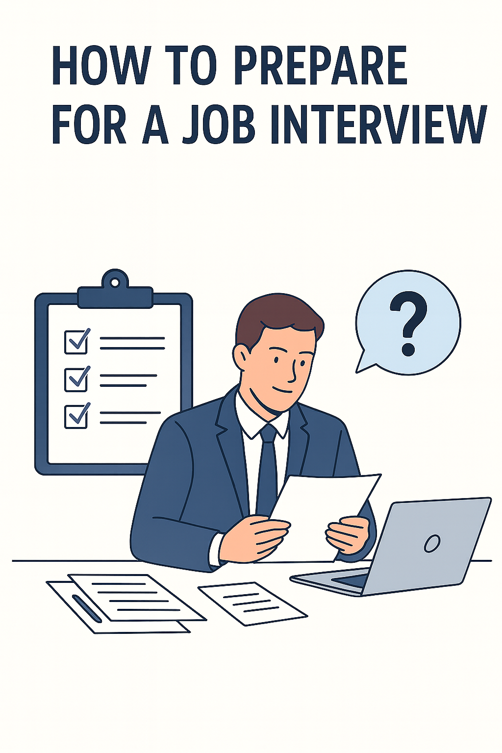 Professional job applicant preparing for an interview in 2025 with documents and laptop on a desk.