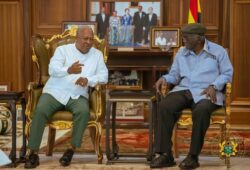 President John Dramani Mahama visiting former President John Agyekum Kufuor during a courtesy call to extend seasonal greetings.