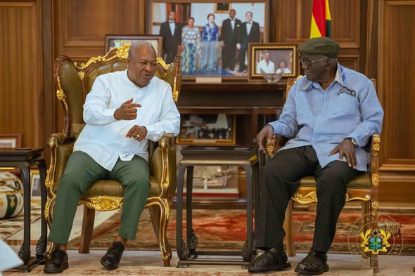 President John Dramani Mahama visiting former President John Agyekum Kufuor during a courtesy call to extend seasonal greetings.
