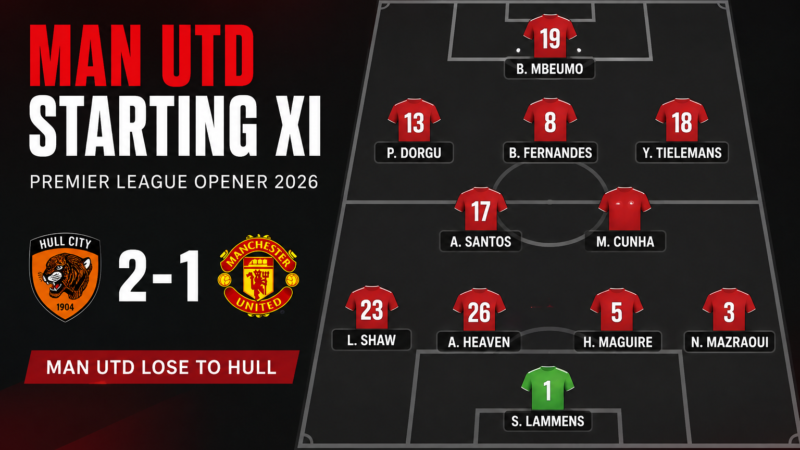 the starting 11 for manchester united that lost to hull city in their opening match in the 2026/27 premier league season at the MKM Stadium, Hull