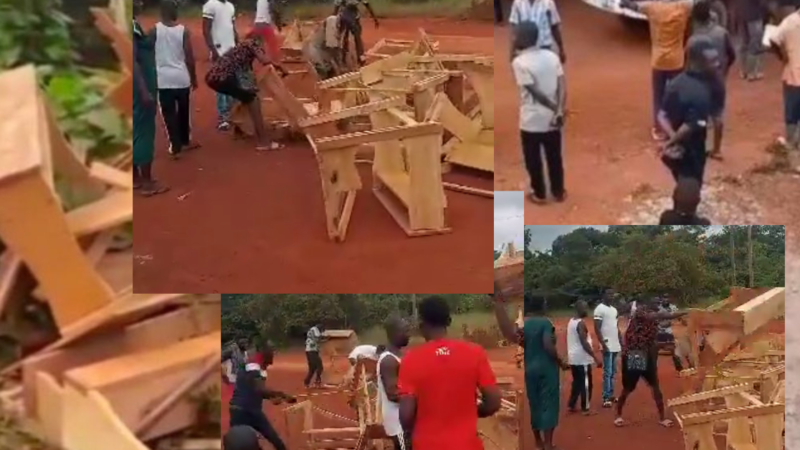 photo gallery of youth destroying students' desks in Kofitiakrom in Ghana