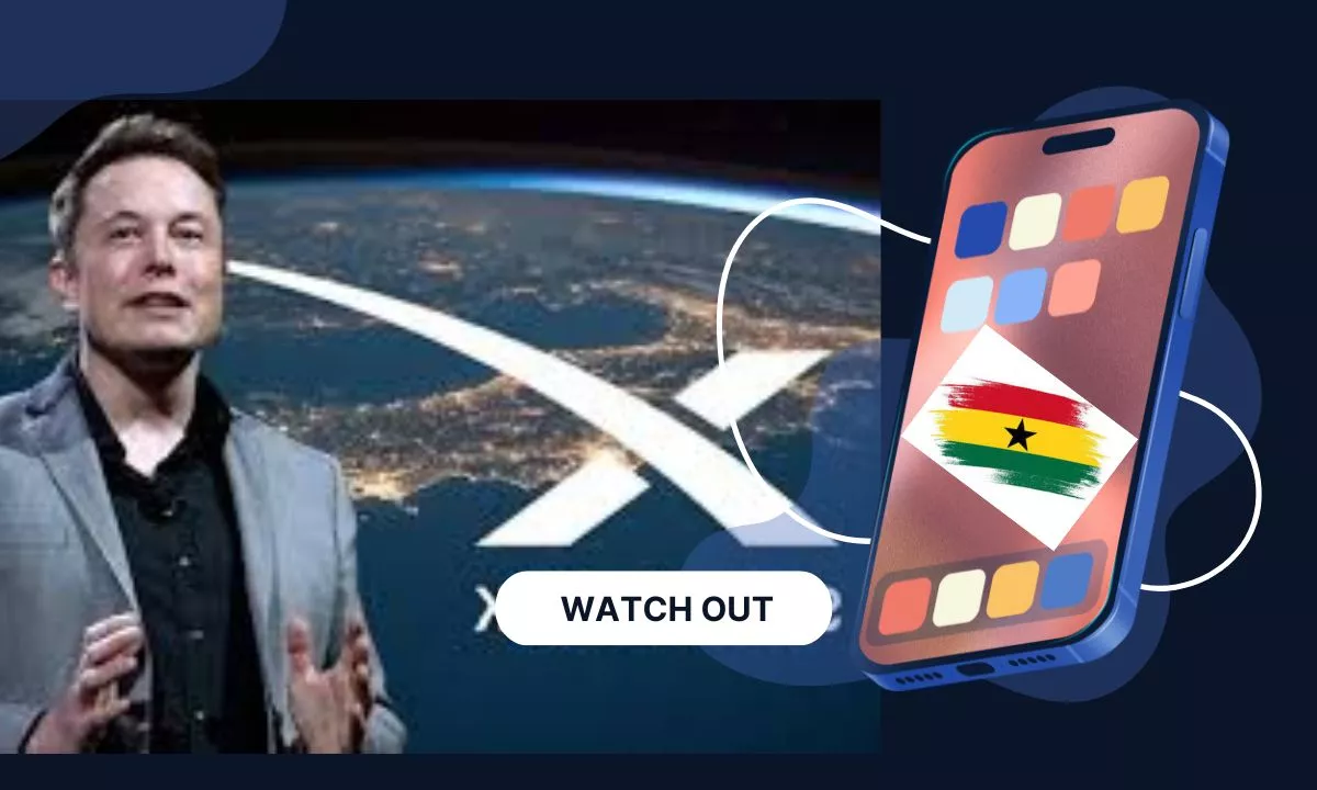 image of elon musk, starlink logo and a phone indicating the internet giant's announcement to hit the ghanaian market