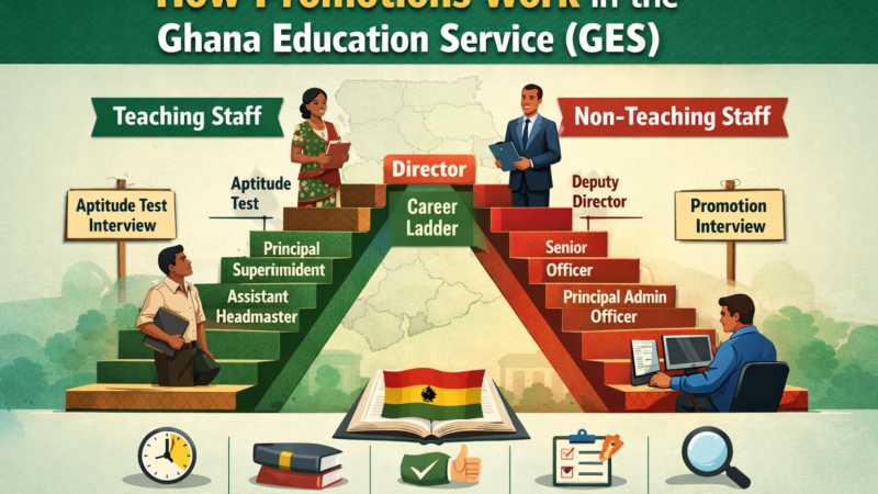 Ghana Education Service staff promotion process infographic showing teacher and non-teaching staff career ladder