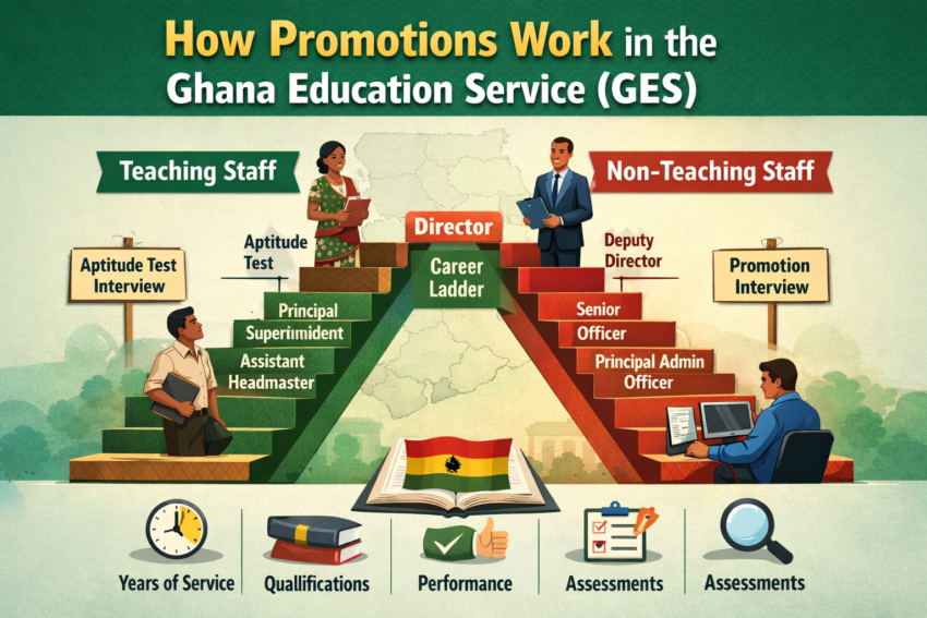 Ghana Education Service staff promotion process infographic showing teacher and non-teaching staff career ladder