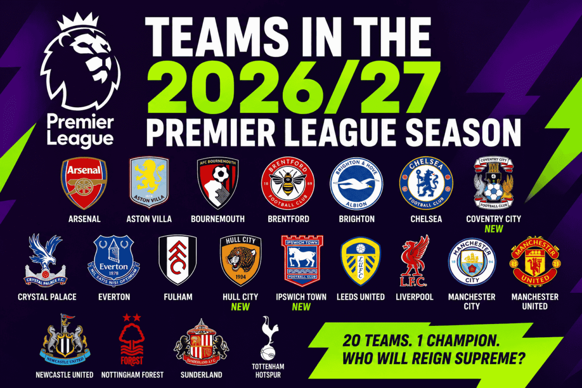 All 20 teams competing in the 2026/27 Premier League season, including the three promoted clubs Coventry City, Hull City and Ipswich Town.