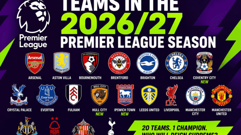 All 20 teams competing in the 2026/27 Premier League season, including the three promoted clubs Coventry City, Hull City and Ipswich Town.