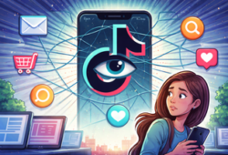 Illustration showing TikTok logo with an eye at its center on a smartphone, connected to app icons while a concerned woman looks on, representing online tracking and data privacy