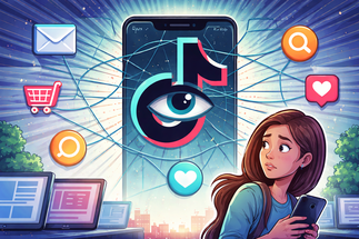 Illustration showing TikTok logo with an eye at its center on a smartphone, connected to app icons while a concerned woman looks on, representing online tracking and data privacy